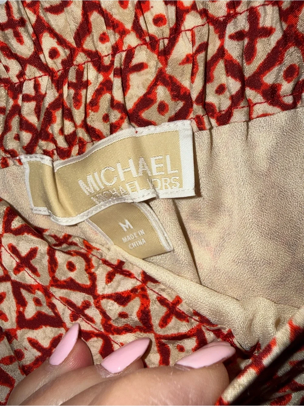 Michael Kors Red & Cream Geometric Print Maxi Skirt Medium Boho Elastic Waist
